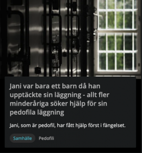 screen shot från Svenska YLE: ”Allt fler minderåriga söker hjälp för sin pedofila läggning".